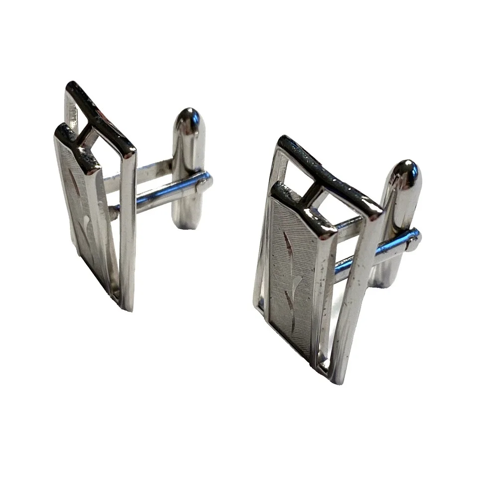Vintage SWANK Mid Century Cuff Links Silvertone Brushed Etched Dimensional Chic